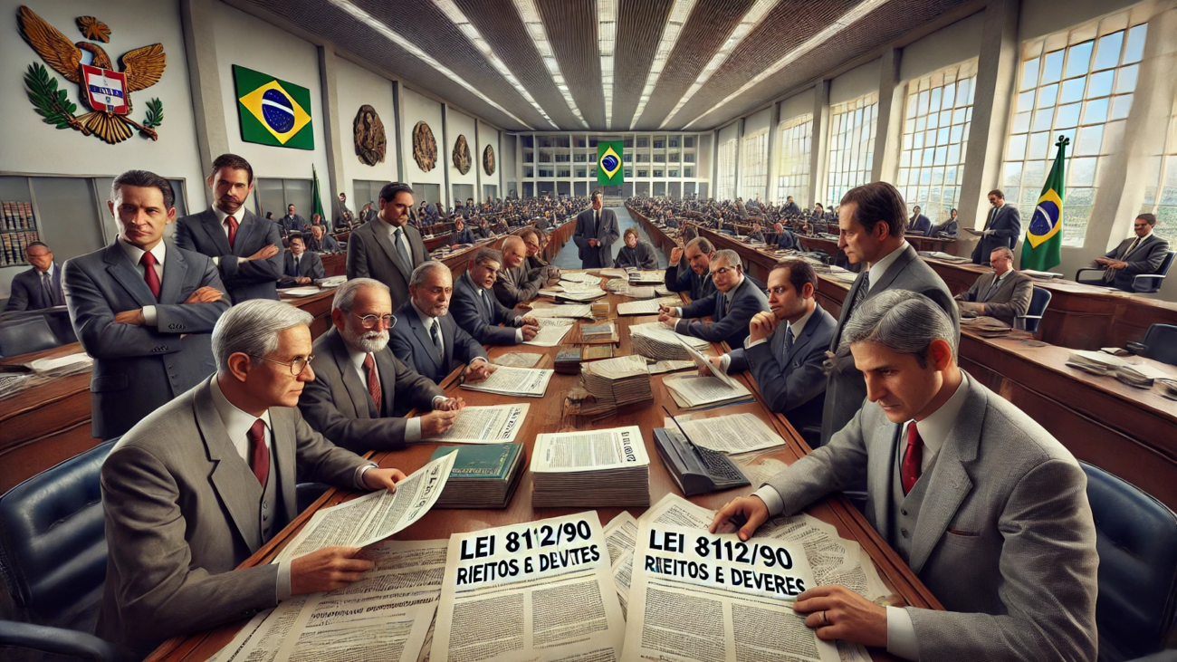 DALL·E 2024-08-19 16.44.54 - A highly detailed and ultra-realistic image showing a group of public servants discussing the rights and duties according to Brazilian law 8112_90. Th