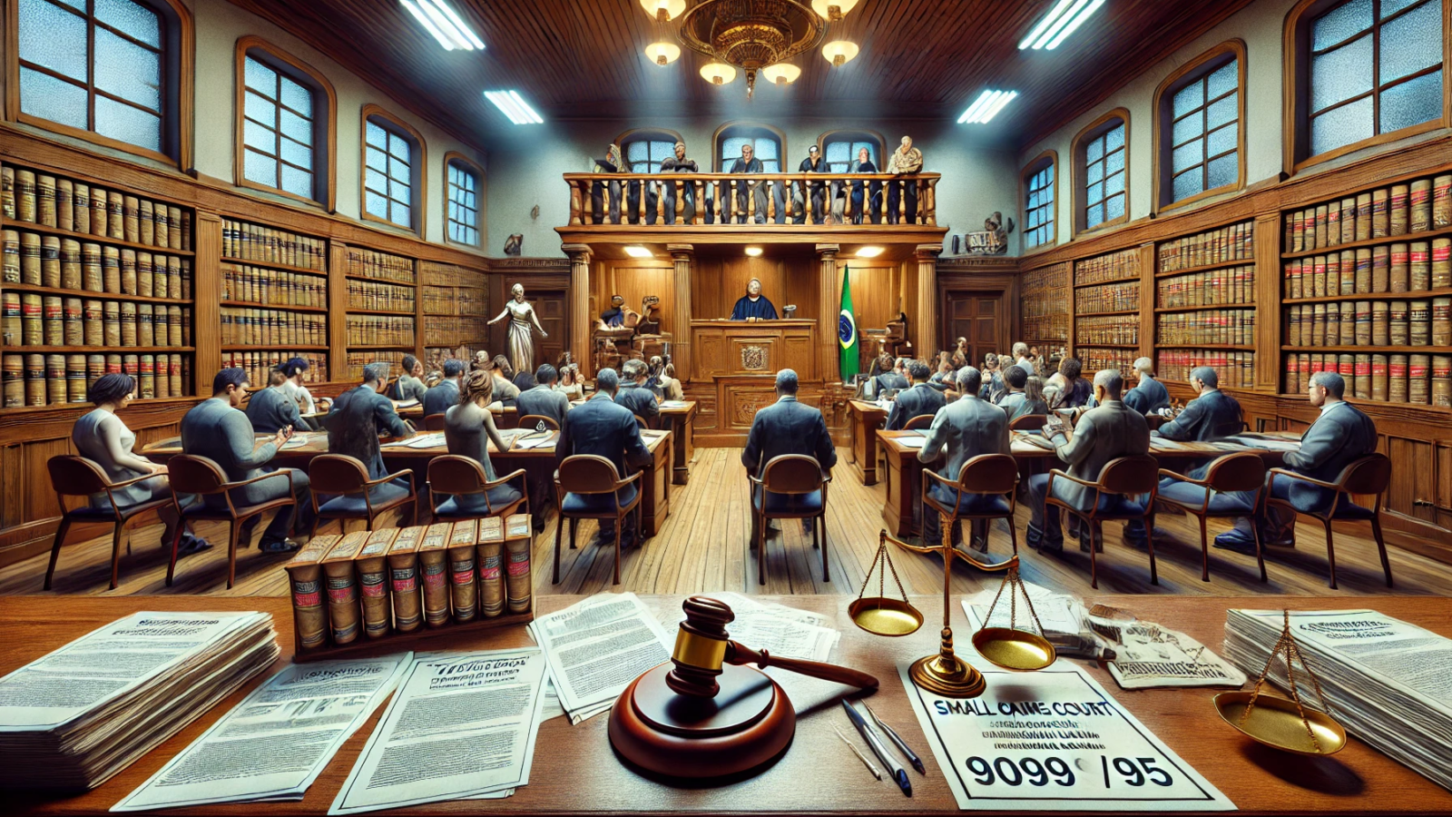 DALL·E 2024-08-19 16.48.30 - A highly detailed and ultra-realistic image showing a courtroom scene in a small claims court with a judge, litigants, and legal documents spread acro