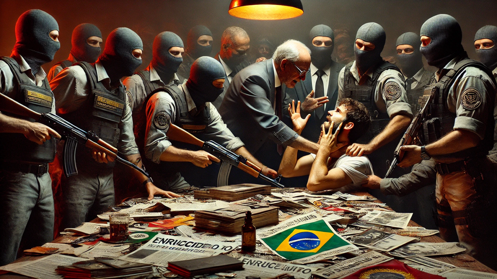 DALL·E 2024-08-19 17.21.40 - Uma imagem extremamente detalhada e fotorrealista mostrando uma cena tensa em que um funcionário público corrupto é confrontado por autoridades legais