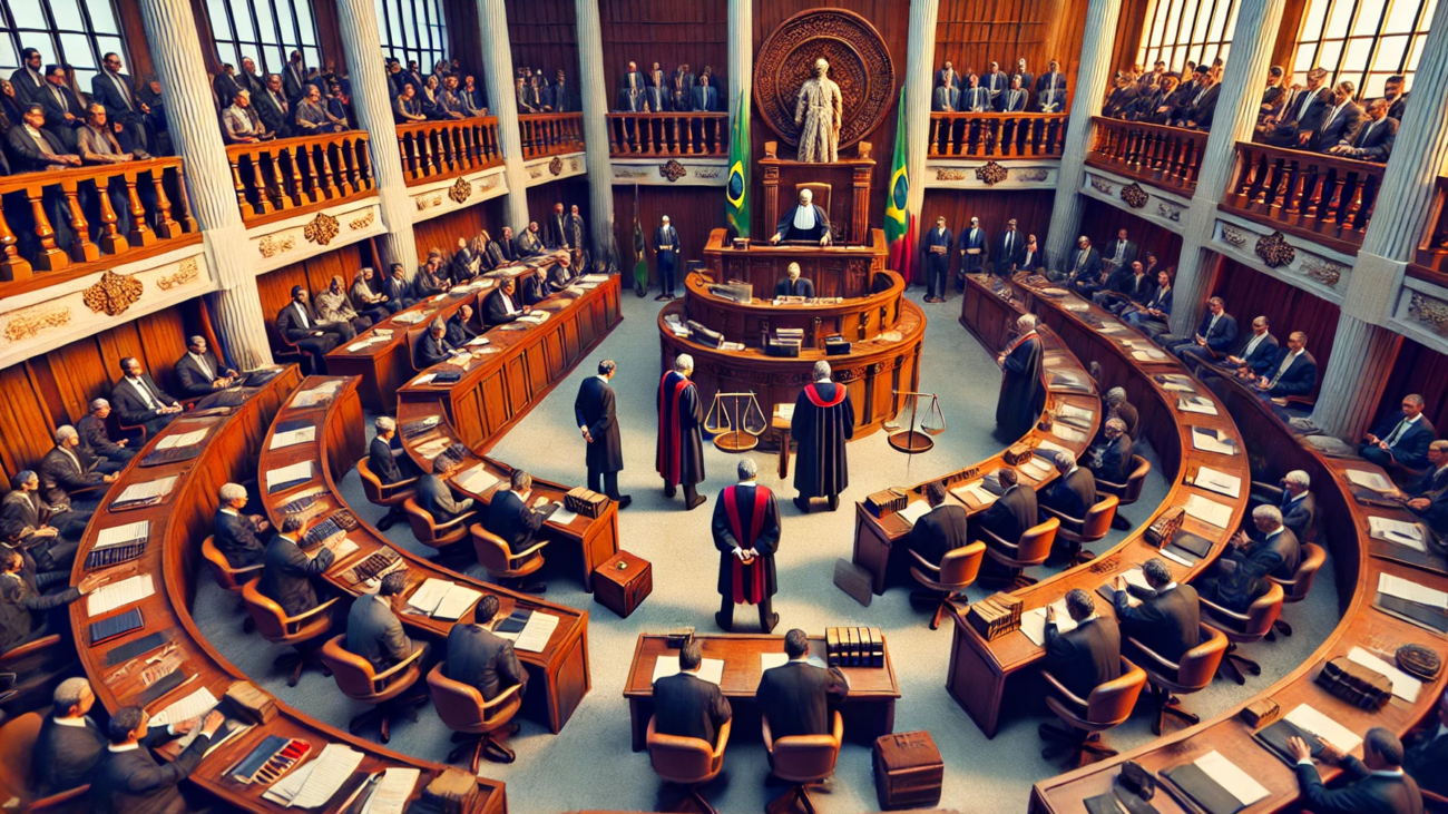 DALL·E 2024-08-19 17.35.27 - Uma imagem extremamente detalhada e fotorrealista mostrando uma cena de tribunal federal onde juízes e litigantes estão envolvidos em um processo rápi